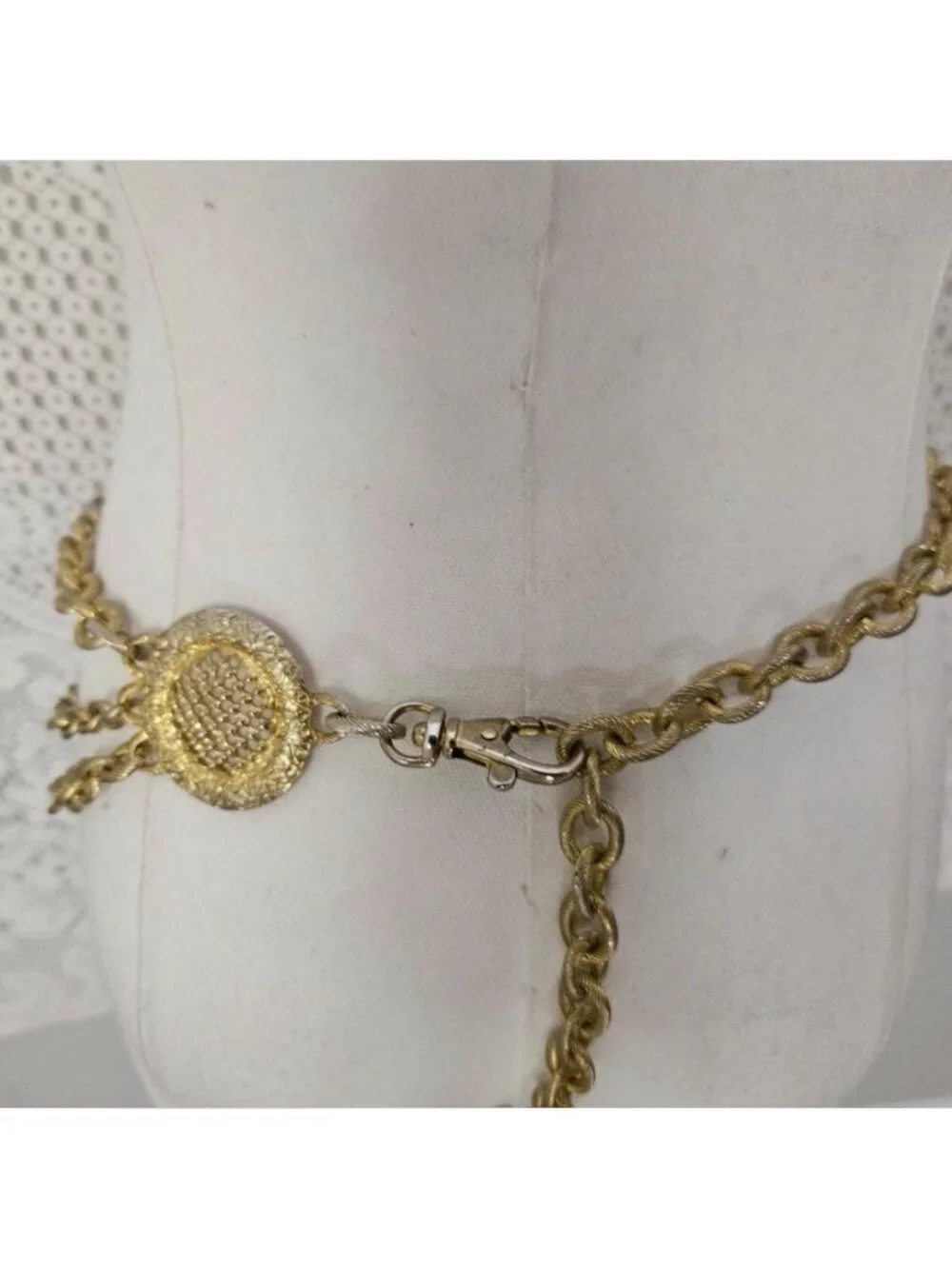 Vintage Gold Tone Chain Belt Ornate Medallion Draped Multi Strand Adjustable